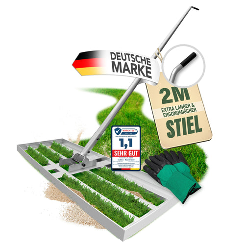 easimo Rasenrakel 80x30 cm – Nivellierwerkzeug aus Stahl mit 2,13 m Stange