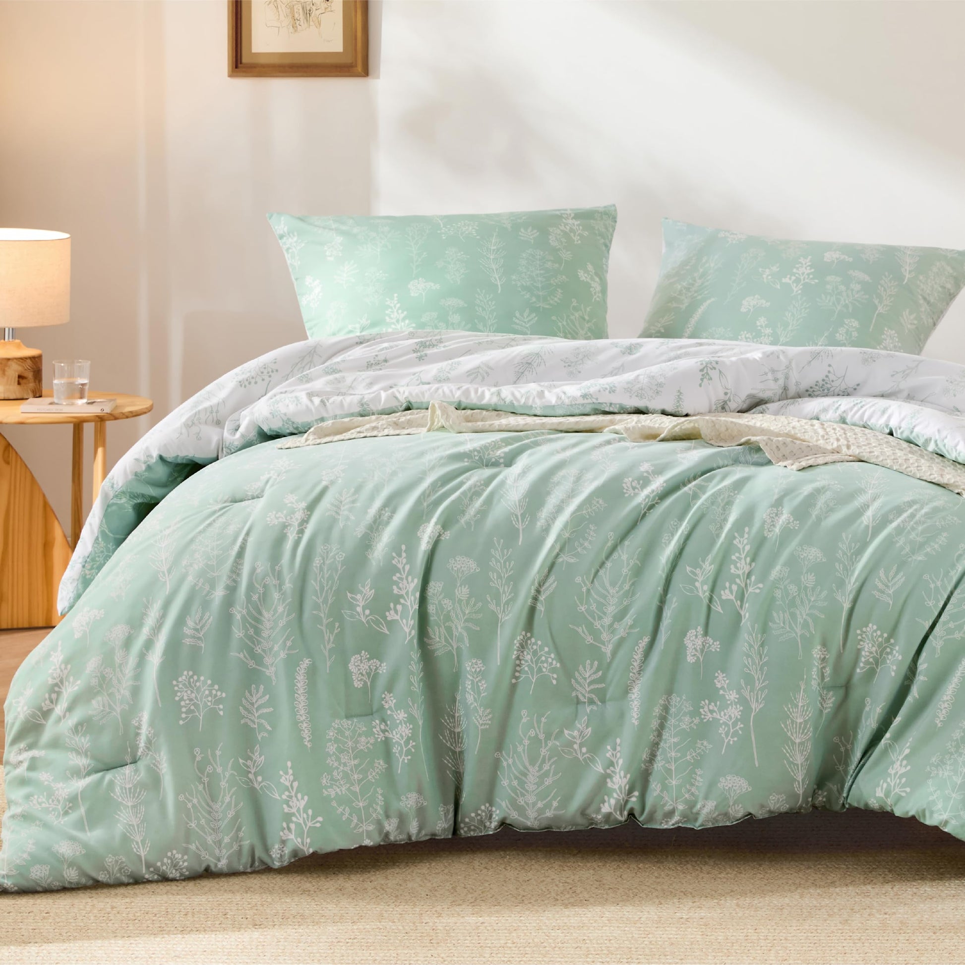 BEDSURE Bettdecke-Set 135x200 cm mit Kissenbezug 80x80 cm, Mintgrün, florales Wendemuster
