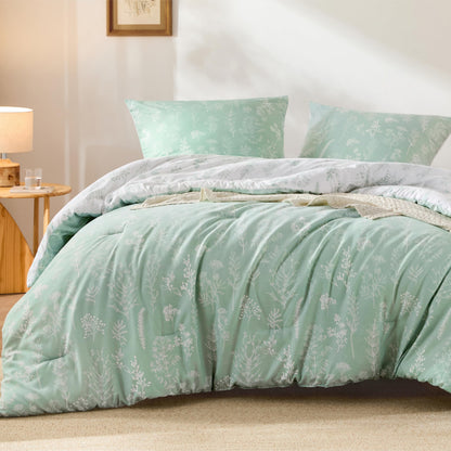 BEDSURE Bettdecke-Set 135x200 cm mit Kissenbezug 80x80 cm, Mintgrün, florales Wendemuster