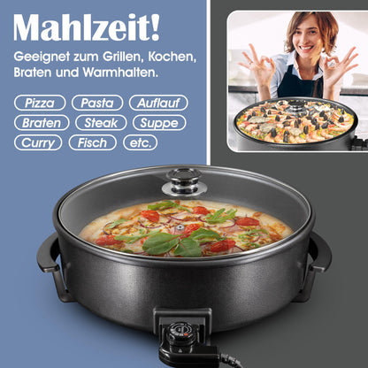 Ecolle Elektrische Pizzapfanne 42 cm, 1500 W mit Glasdeckel