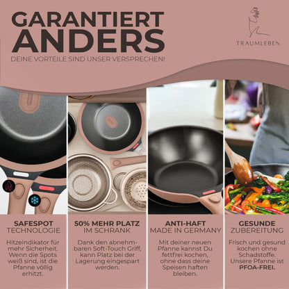 TRAUMLEBEN Wokpfanne mit Deckel – 28cm, abnehmbare Griffe, Induktion
