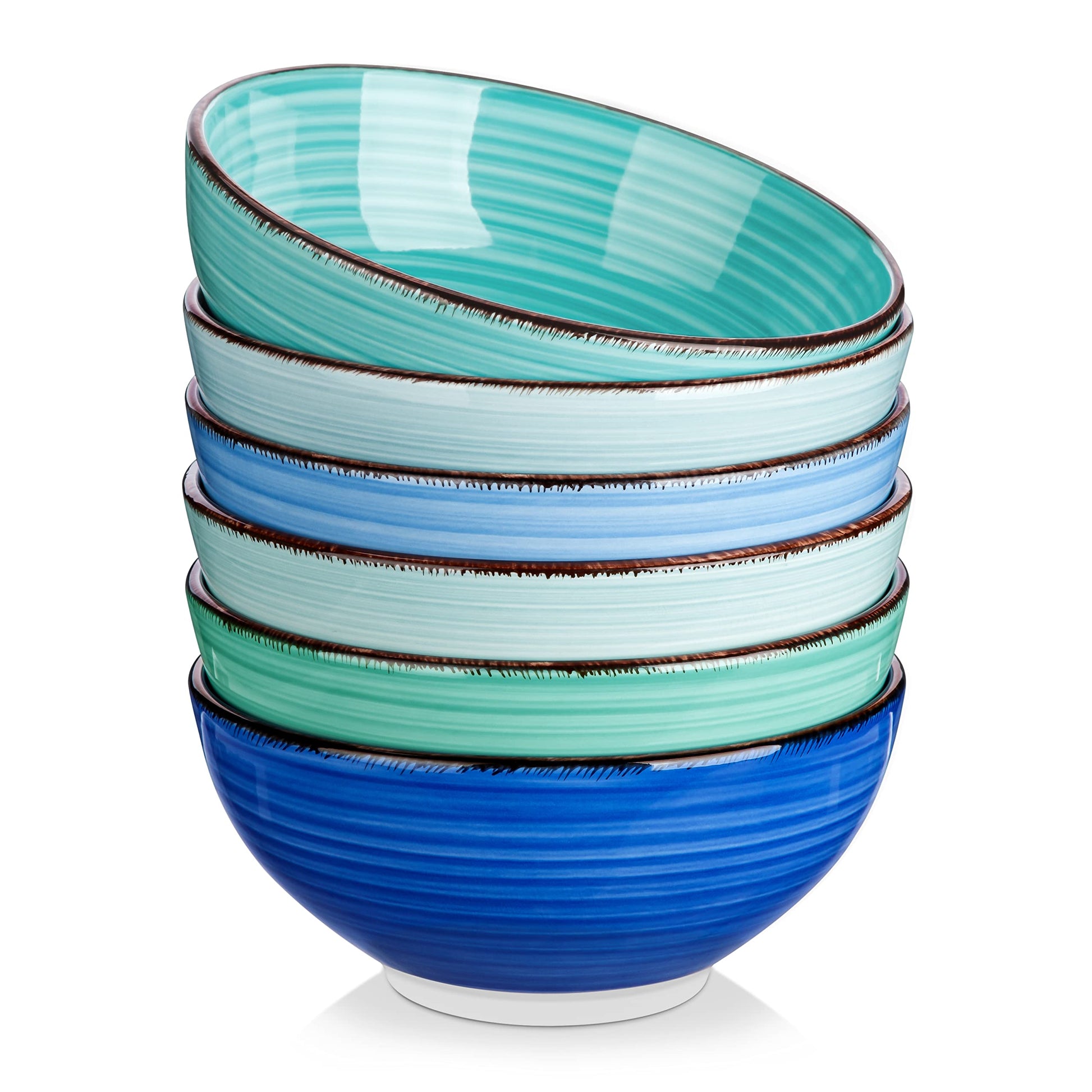 vancasso BONITA Schüsselset 6-teilig, Steingut Suppenschalen blau – handbemalte Schalen mit Strudel-Design und brauner Kante