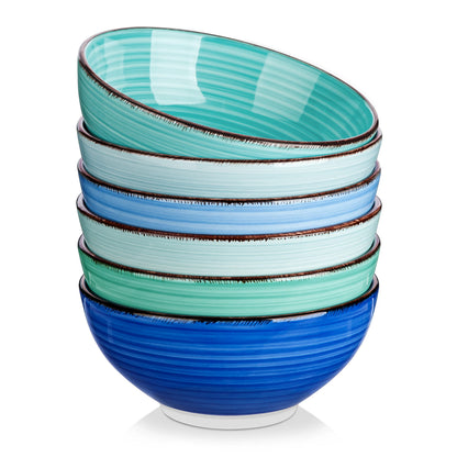 vancasso BONITA Schüsselset 6-teilig, Steingut Suppenschalen blau – handbemalte Schalen mit Strudel-Design und brauner Kante