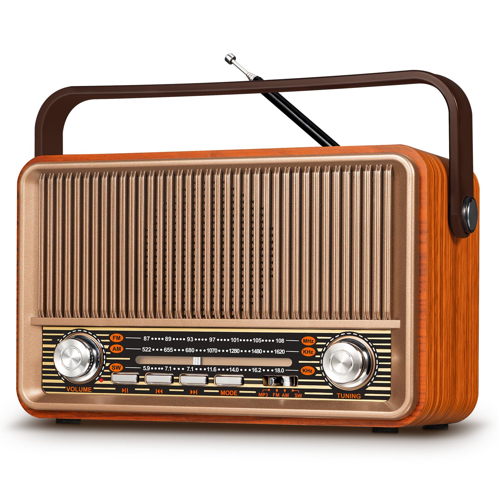 PRUNUS J-120 Retro Radio mit Bluetooth, AM/FM/SW Kofferradio mit Akku in Holzmaserung mit Tragegriff