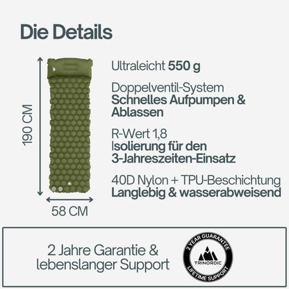 TRINORDIC Isomatte aufblasbar mit Kissen – ultraleicht 550 g