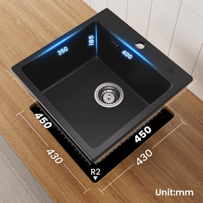 CECIPA Granit-Einbauspüle 45x45cm, schwarz eckig, 2 Hahnlöcher