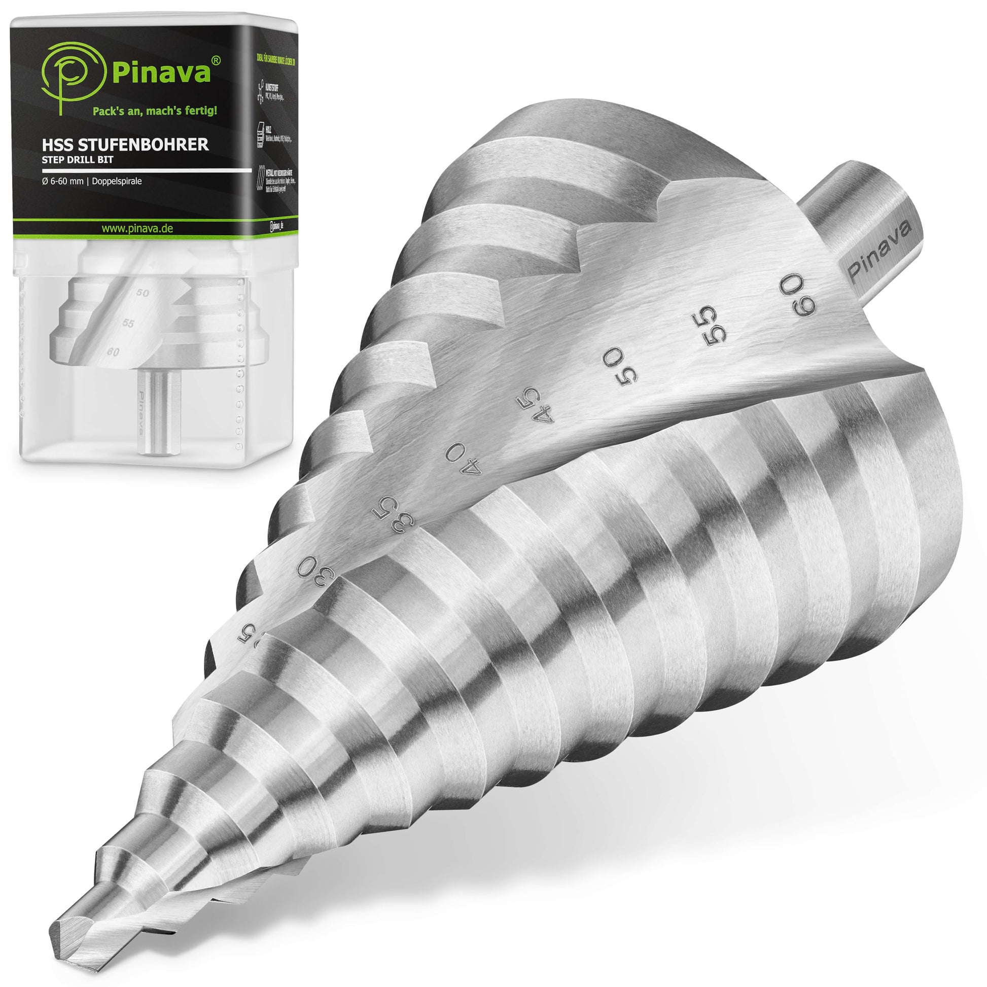 Pinava HSS Stufenbohrer 6-60 mm, Kegelbohrer für Metall und Holz – konische Stufenform mit Doppelspirale und 12-mm-Schaft
