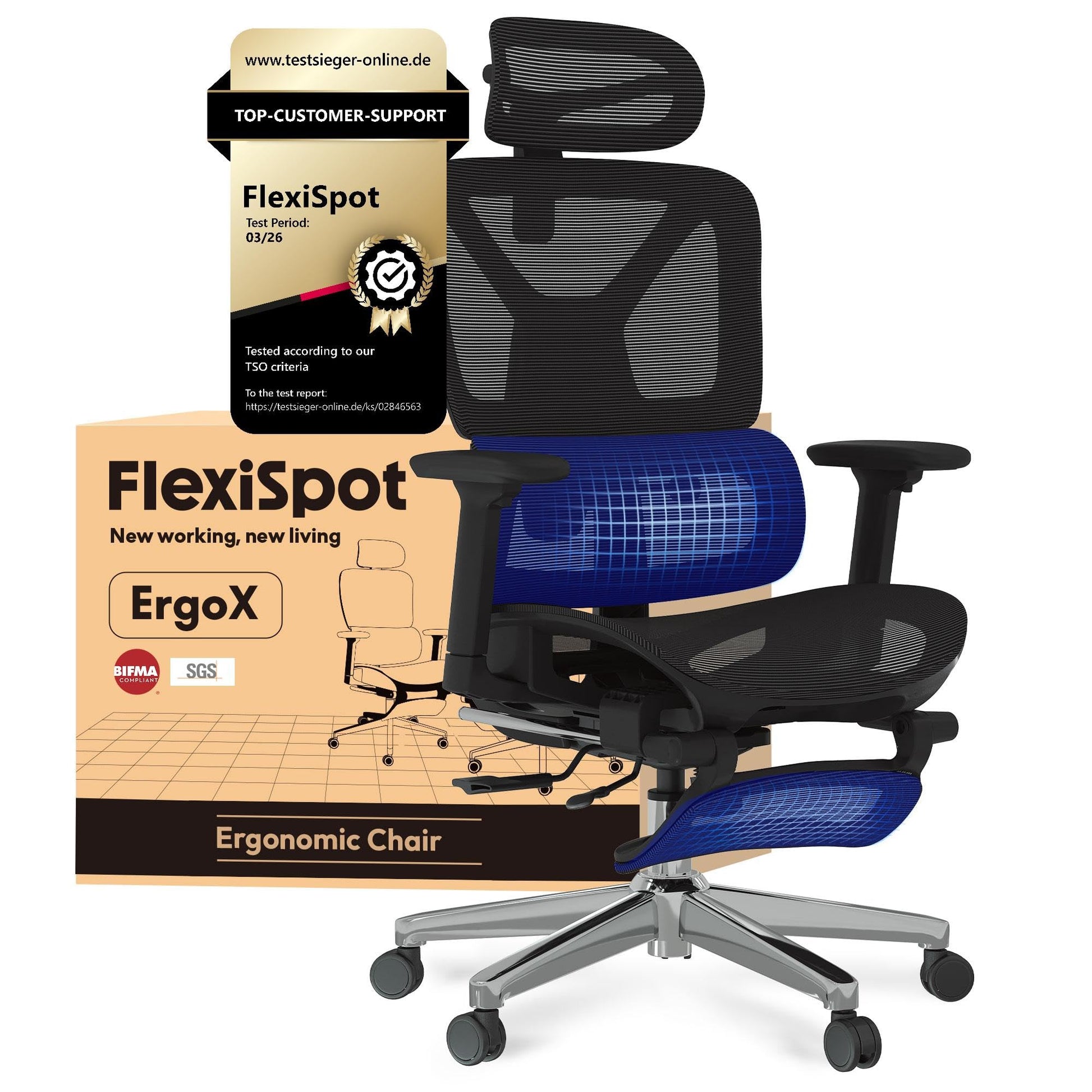 FLEXISPOT ErgoX Ergonomischer Bürostuhl mit Fussstütze, Schwarz, 3D-Armlehnen und Kopfstütze