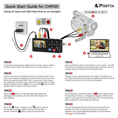 Portta Video Digitalisierer Recorder - VHS Kassetten, Remote