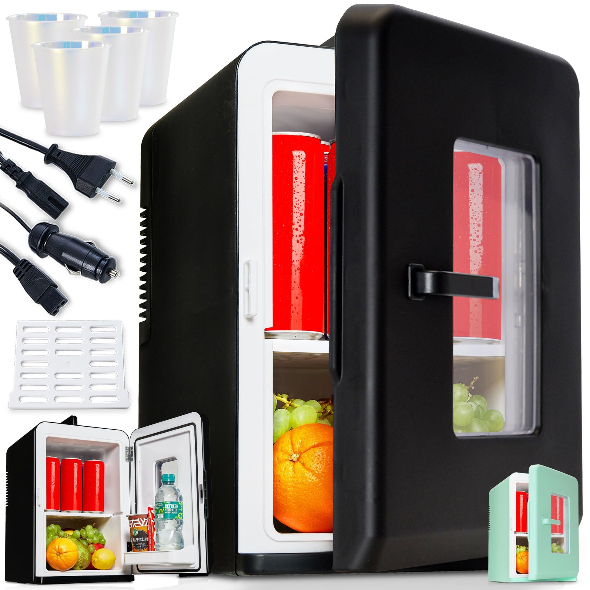 TOM 2in1 Mini Kühlschrank Kühl- & Heizfunktion - 15L Schwarz/Mint. Kühlt oder erwärmt Getränke und Speisen mobil.