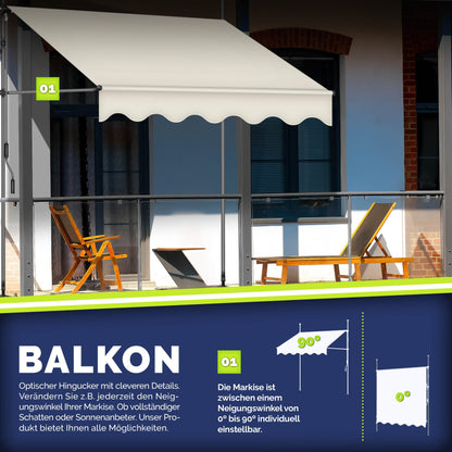 tillvex Klemmmarkise Handkurbel Balkonmarkise – Sand LED 200cm