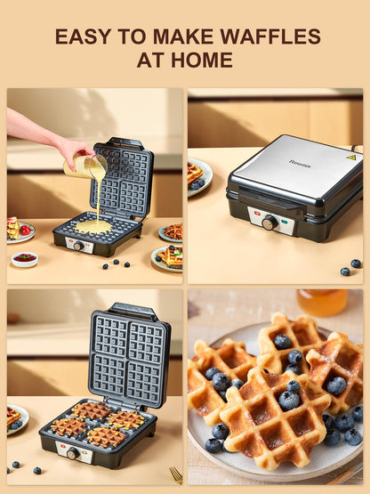 Reemix Waffeleisen für 4 belgische Waffeln, 1200 W, Edelstahl