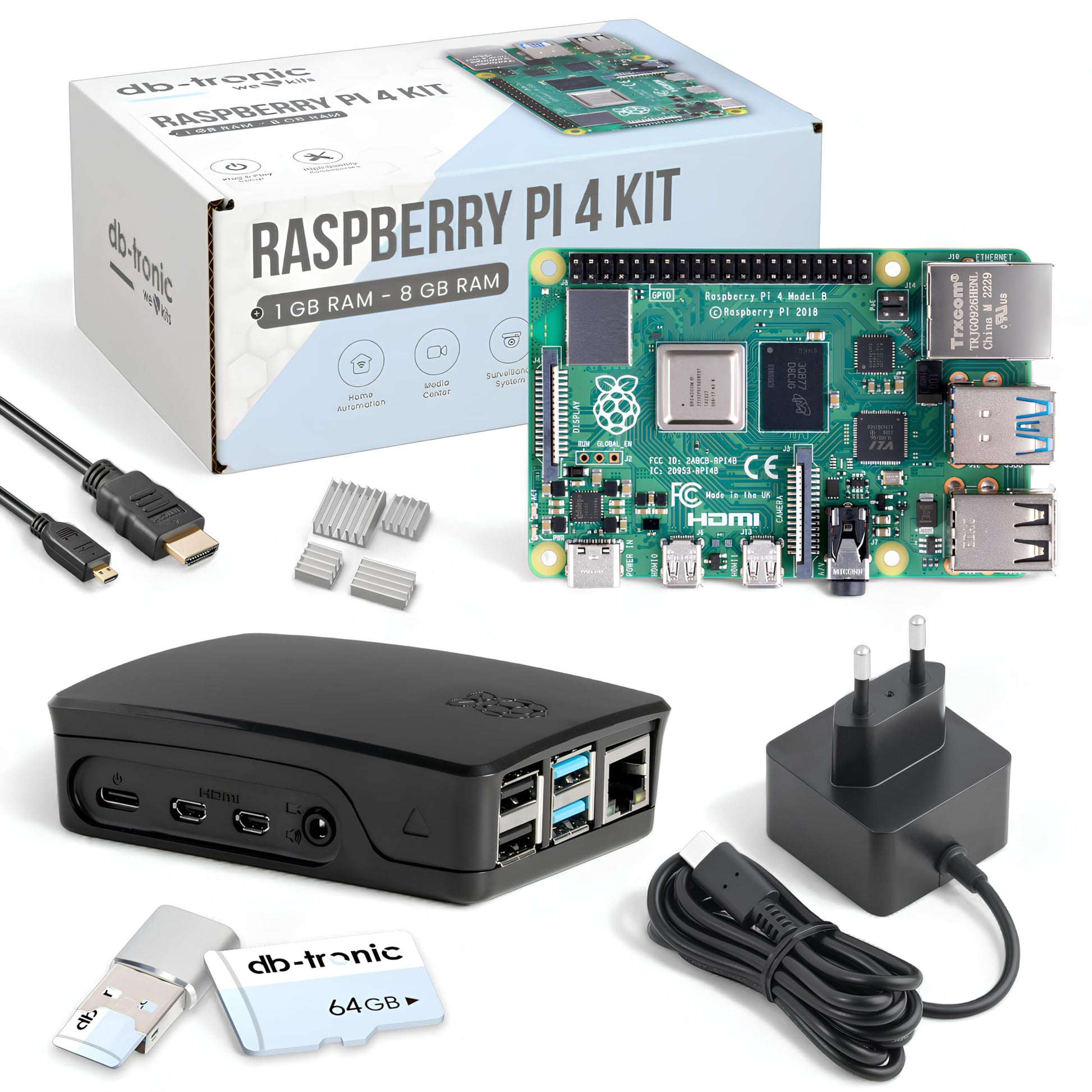 Raspberry Pi 4 8GB Starter-Kit – 64GB Black Edition: Kleiner Einplatinencomputer im schwarzen Gehäuse mit Zubehör für Projekte und Lernen.