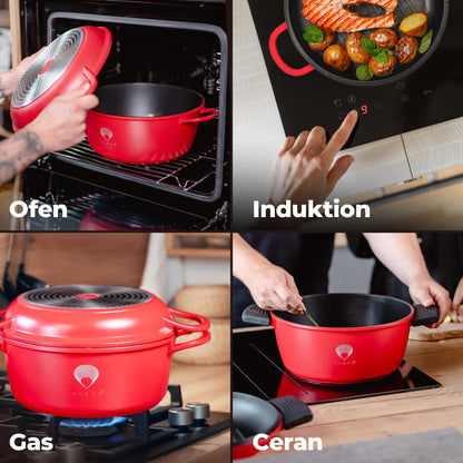TLESS Aluguss Bräter 2in1 mit Deckel für Induktion Ø 24 cm 4 Liter rot