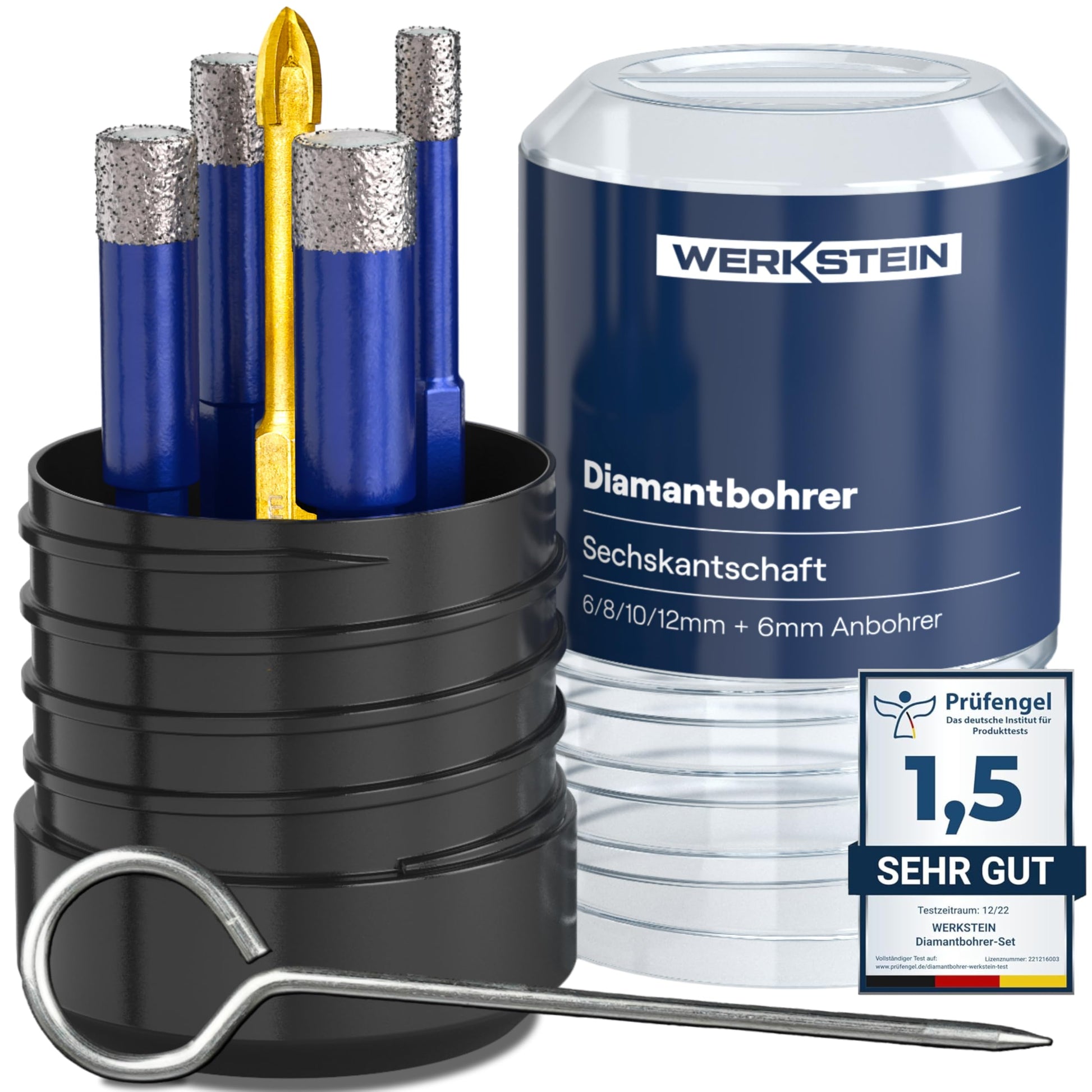 WERKSTEIN Fliesenbohrer Set, Diamantbohrer 6–12 mm + Karbidbohrer mit Sechskantschaft und Diamant-Arbeitsteil