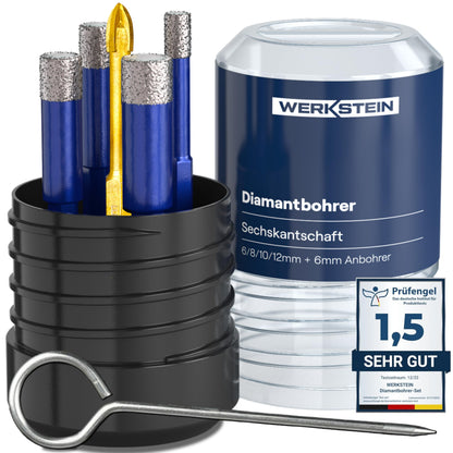 WERKSTEIN Fliesenbohrer Set, Diamantbohrer 6–12 mm + Karbidbohrer mit Sechskantschaft und Diamant-Arbeitsteil