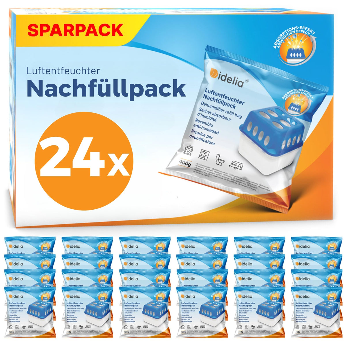 Idelia Luftentfeuchter Granulat Nachfüllpacks, 24er Set à 400 g