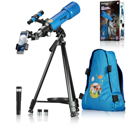 Bresser Junior Linsenteleskop 70/400 für Kinder mit Rucksack, blau – höhenverstellbares Alu-Stativ