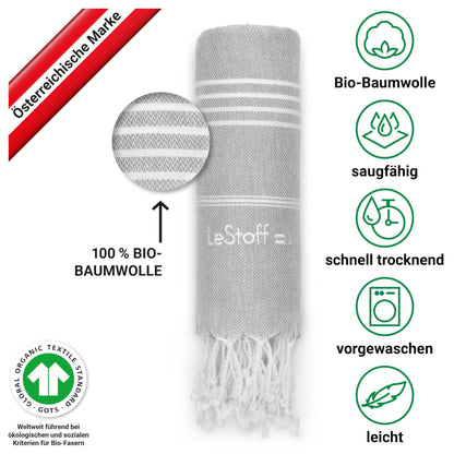 LeStoff Premium Hamamtuch XXL 200x200cm Bio-Baumwolle - Grau