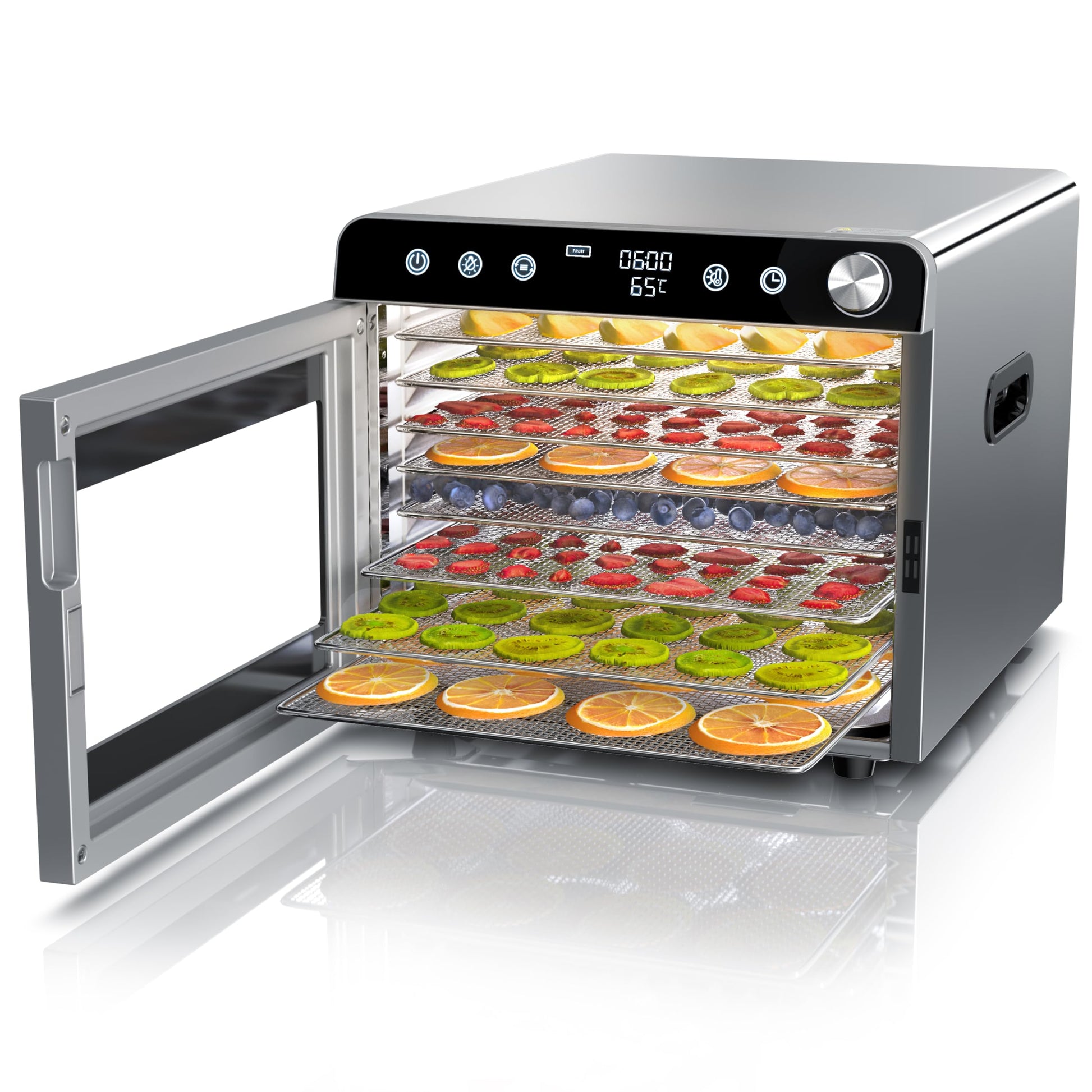 Arendo Dörrautomat Edelstahl Dörrgerät. Rechteckiges silbernes Gerät mit 8 Edelstahlgittern. Trocknet Obst, Gemüse, Fleisch zum Konservieren.