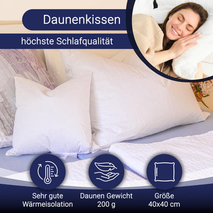 ZOLLNER Deluxe Daunenkissen aus 100% Daunen - Made in Germany – für Allergiker geeignet – Bezug aus hochwertiger Mako Baumwolle - waschbar bis 60°C - 40x40 cm - Hotelqualität