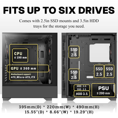 KEDIERS H3 PC-Gehäuse ATX Mid Tower mit 3 Lüftern und Glas, Schwarz