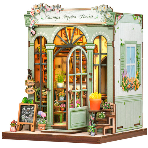 CUTEBEE Book Nook Kit Champs-Élysées Florist, 3D-Holzpuzzle, 199 Teile aus Holz mit LED-Beleuchtung