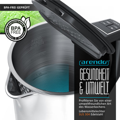 Arendo ELEGANT Wasserkocher - Edelstahl 1.5L Temperatur Weiss