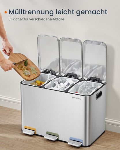 SONGMICS LTB740E45V1 Mülleimer - 3x15L Abfalltrennung Silber