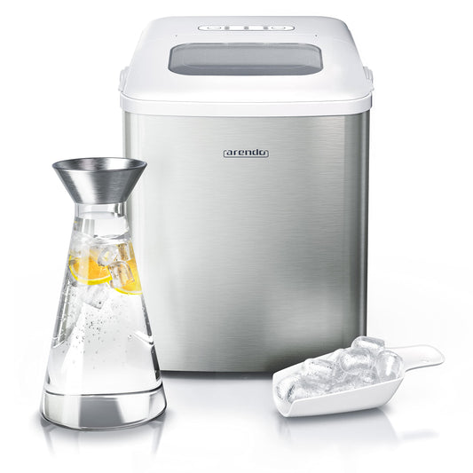 Arendo Edelstahl Eiswürfelmaschine mit 2 Eiswürfelgrössen. Die silberne Maschine produziert Eiswürfel in zwei Grössen zur Getränkekühlung.