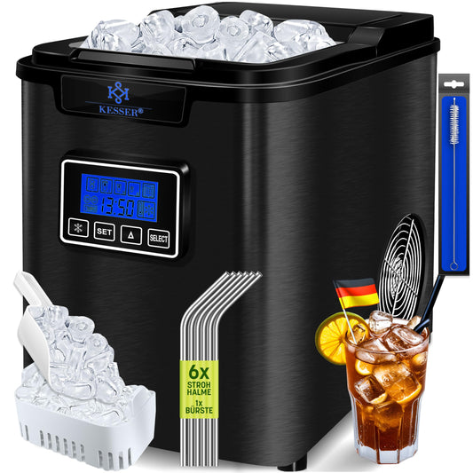 KESSER® Eiswürfelbereiter Edelstahl Eiswürfelmaschine - Schwarz: Kompakte schwarze Edelstahlmaschine, produziert Eiswürfel für Getränke.