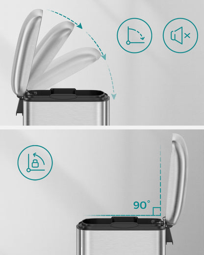 SONGMICS Mülleimer 30 Liter, Treteimer aus Stahl, Softclose, silbern