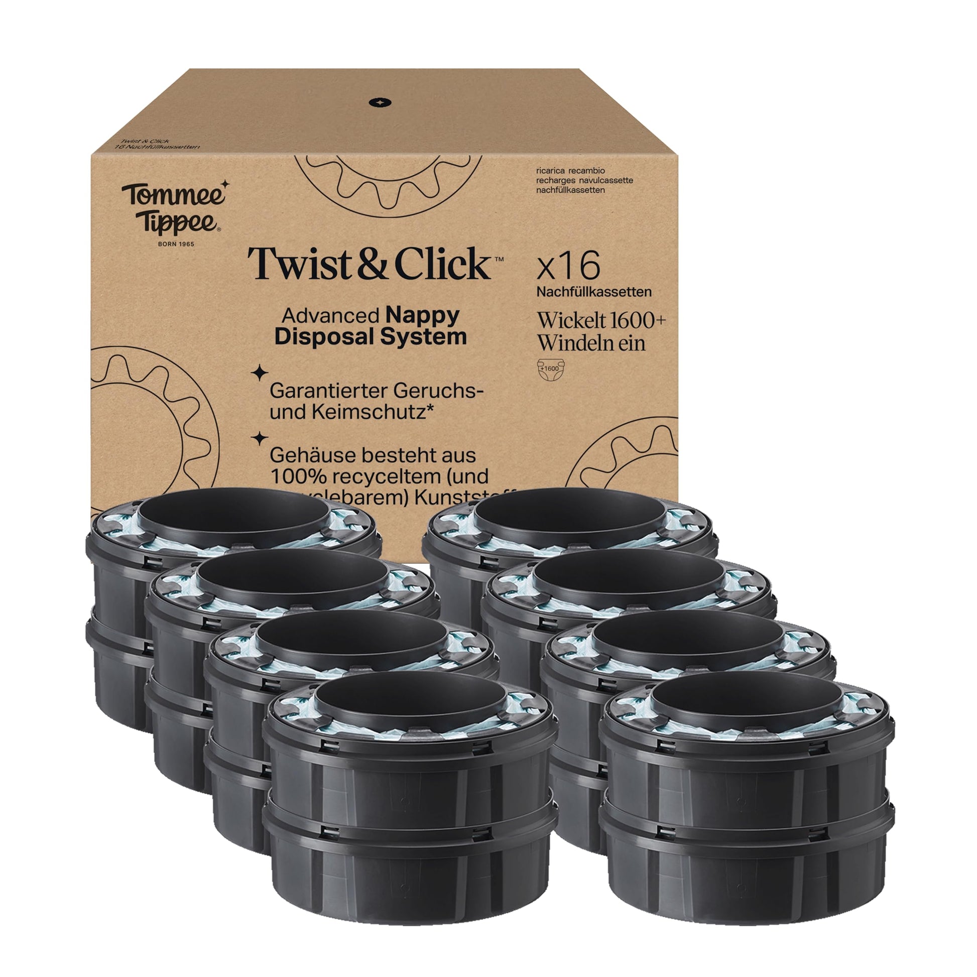 Tommee Tippee Twist & Click Advanced Nachfüllkassetten - 16er-Pack: Weiße Kassetten versiegeln Windeln geruchsdicht.