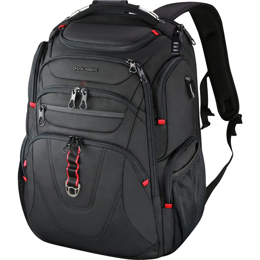 KROSER Business Laptop Reiserucksack - 17.3 Zoll Schwarz, schwarzer, rechteckiger Rucksack für 17.3 Zoll Laptops und Reisebedarf.