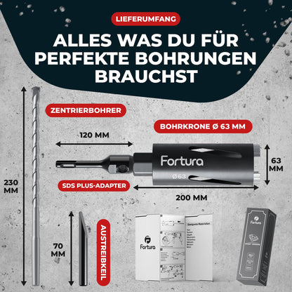 Fortura Diamantbohrkrone Ø 63 x 200 mm, SDS Plus Kernbohrer