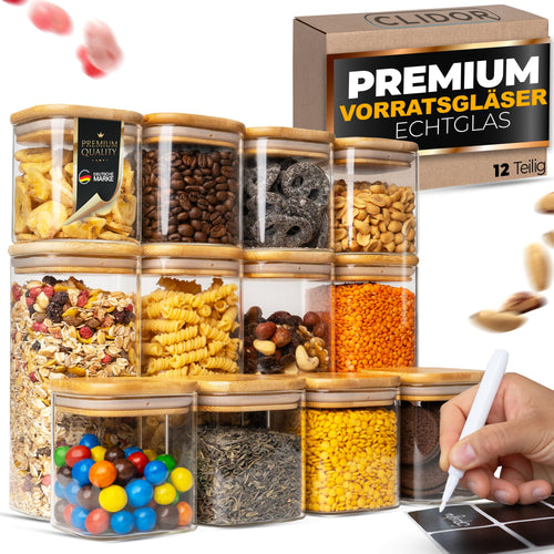 CLIDOR Vorratsgläser Eckig - 12er Set, Luftdicht, 880ml/380ml