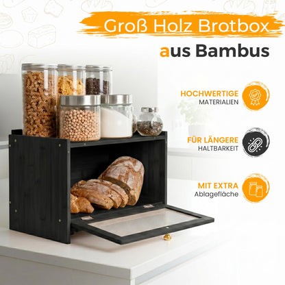 AH Bambus Brotkasten mit Schneidebrett, schwarz, 40 x 26 x 23 cm