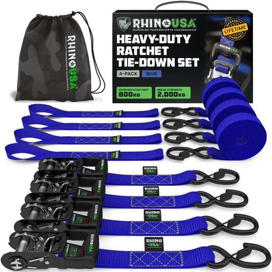 Rhino USA Schwerlast Ratschengurt-Set 4er-Pack 4x2.4m – Blau. Blaue Spanngurte sichern Ladung mittels Ratsche.