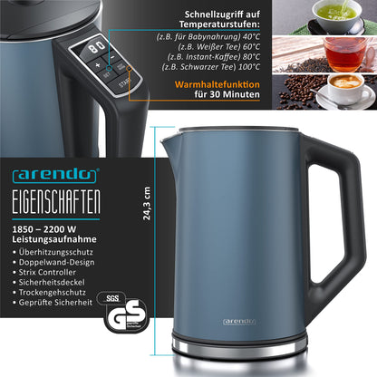 Arendo Wasserkocher und Toaster Set Edelstahl Blau