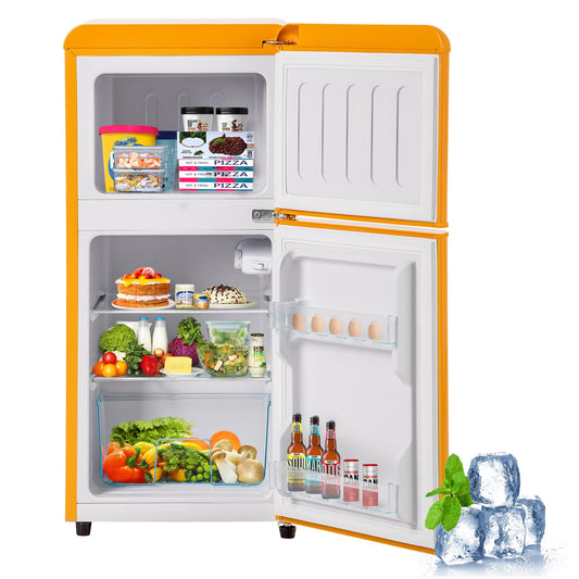 Merax Retro-Kühlschrank Gefrierkombination 60L - Gelb, mit abgerundeten Kanten. Kühlt und friert Lebensmittel für Haushalte.