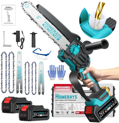 Homerays Mini Kettensäge mit Akku, 8 & 6 Zoll, bürstenloser Motor, kompakte Bauform mit Schwert und Kette