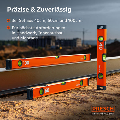 Presch Präzisions-Wasserwaagen Set 3tlg. – 40, 60, 100 cm