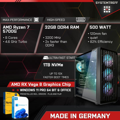 SYSTEMTREFF Basic Gaming PC AMD Ryzen 7 5700G 32GB RAM 1TB NVMe