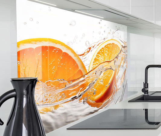 timalo Küchenrückwand Acryl Glas – Orangen im Wasser 80x60cm, dekorativer Spritzschutz für Küchenwände.