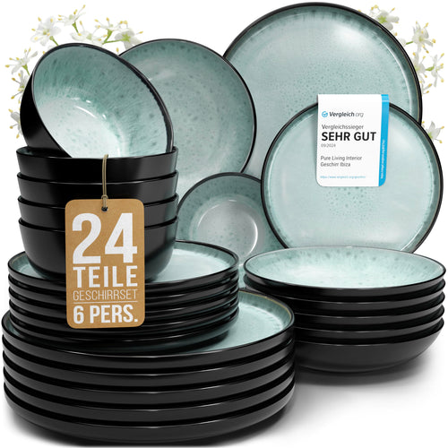 Pure Living Ibiza Steingut Geschirrset 6 Pers. 24 tlg. Salbeigrün