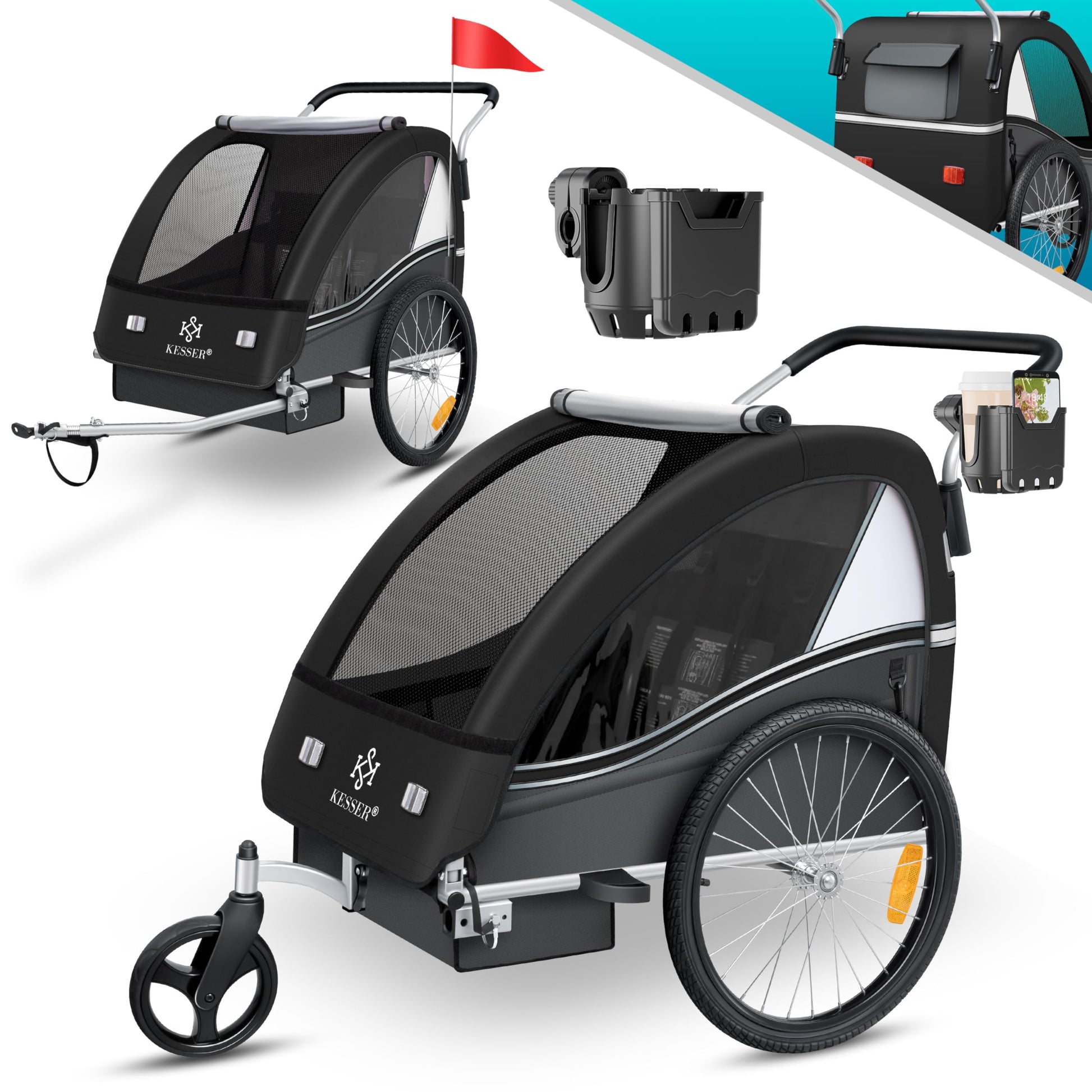 KESSER Sport-RX 2in1 Kinderfahrradanhänger Jogger Buggy 1-2 Kinder. Graues Modell mit drei Rädern zum sicheren Kindertransport.