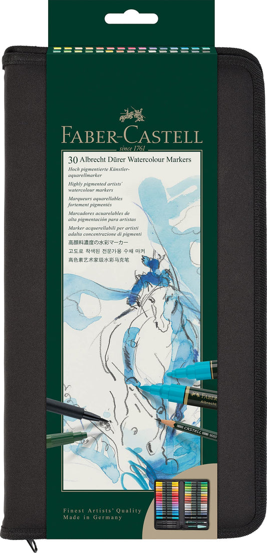 FABER-CASTELL Albrecht Dürer Aquarellmarker – 30er Zipper-Etui. Schwarzes Etui mit 30 farbigen Markern für wasservermalbares Zeichnen.