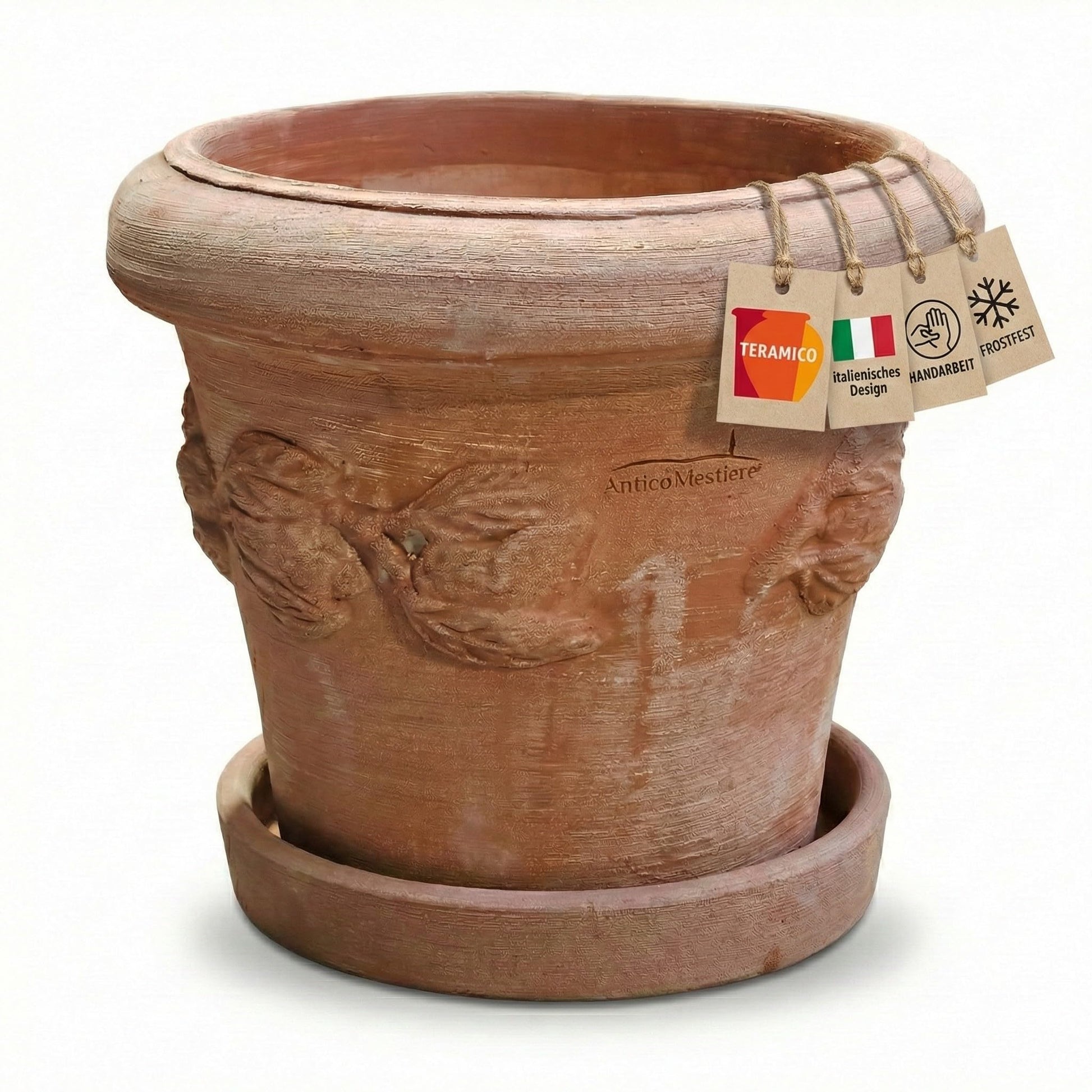 Teramico Blumentopf Terrakotta Conca Limoni mit Untersetzer 25 cm, rundes Gefäss, Zitronendekor