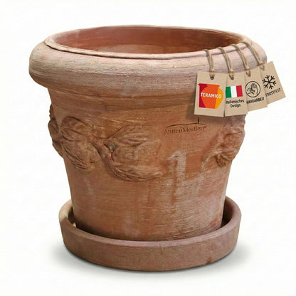 Teramico Blumentopf Terrakotta Conca Limoni mit Untersetzer 25 cm, rundes Gefäss, Zitronendekor