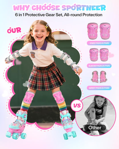 Sportneer Rollschuhe Kinder verstellbar, LED-Rollen + Protektoren-Set